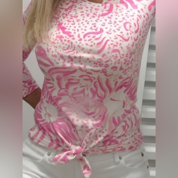 Lilly Pulitzer Tops - Lilly Pulitzer 'Get Spotted' Pink Lion Top Boat Neck Tie-Waist Sz XS